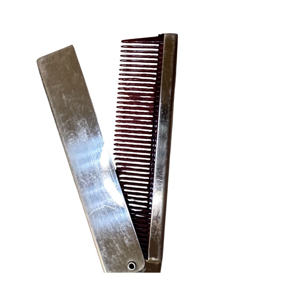 Vintage Brass Tone Folding Pocket Comb Red Lucite Teeth Travel Barber
